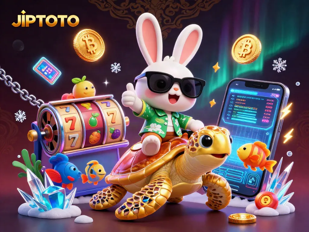 Engage with the vibrant JPTOTO cartoon scene filled with lucky rabbit, turtle, and slot elements.