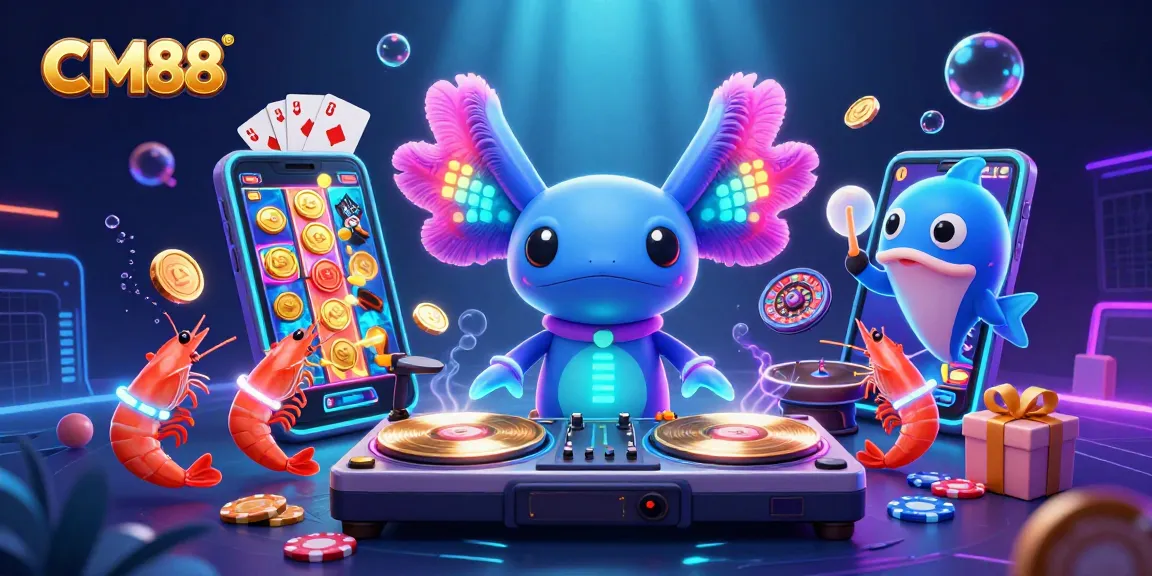 Experience vibrant gameplay at CM88 with a neon-themed casino scene featuring colorful slot games and engaging characters.