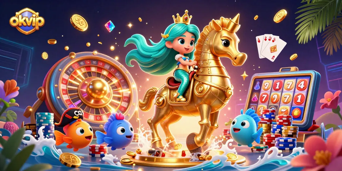 Experience the thrill of okvip with a vibrant 3D casino scene featuring a mermaid and seahorse.