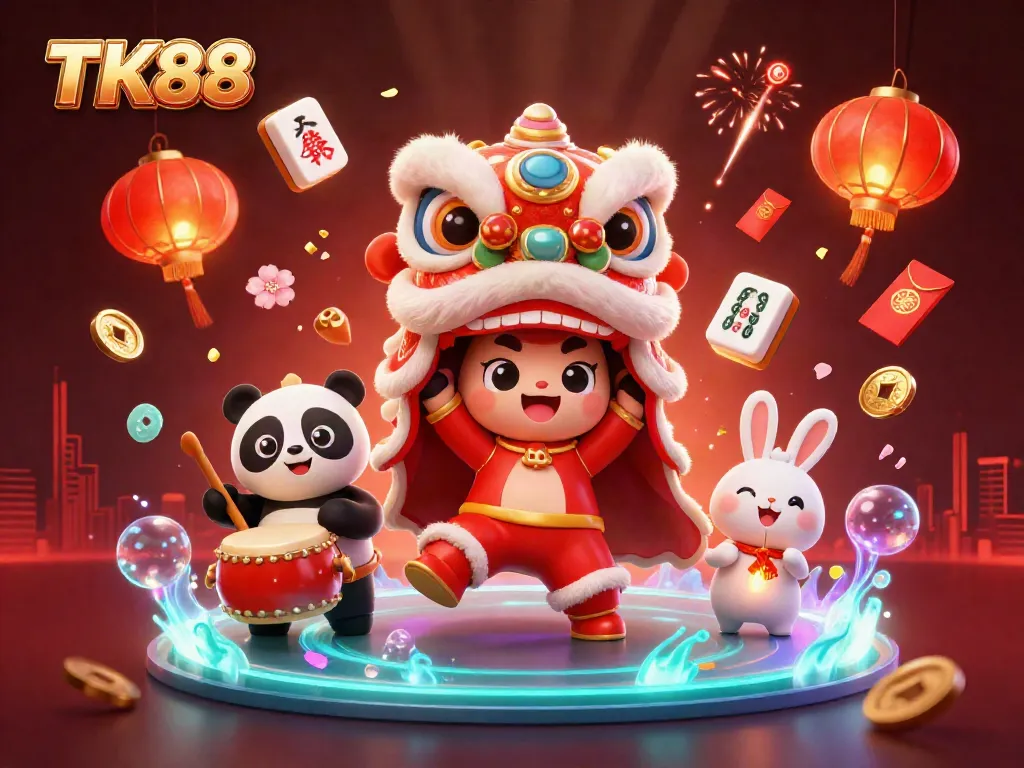 Celebrate with dynamic TK88 scene featuring a lion dance, a drumming panda, and festive decorations, embodying casino energy.