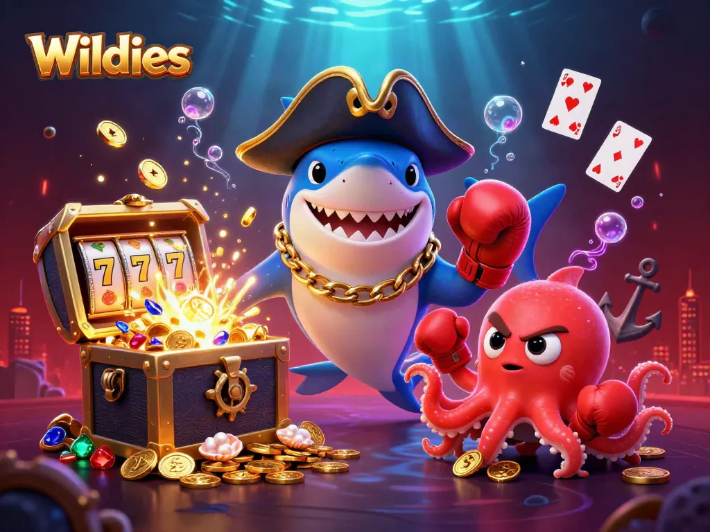 Experience thrilling wins at Wildies Casino with characters celebrating amidst gold coins and casino elements.