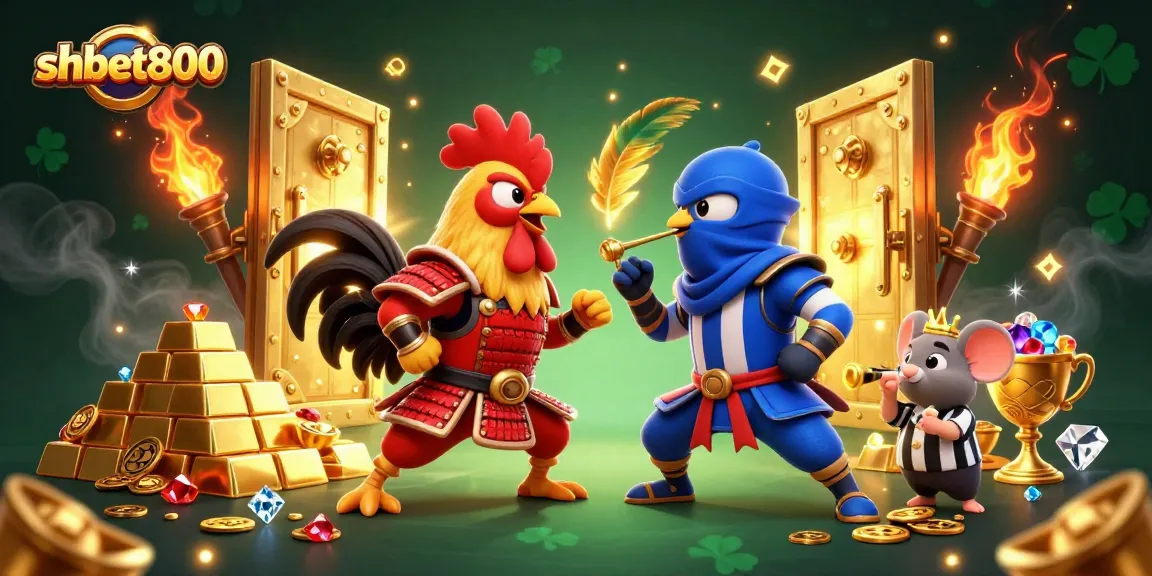 Experience the excitement of shbet800 with dynamic fighting roosters in a colorful gambling scene.