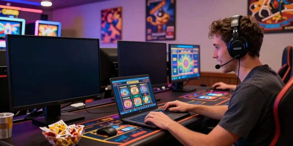 Engaged gamer exploring Gtspins online casino with vibrant game graphics and immersive atmosphere.