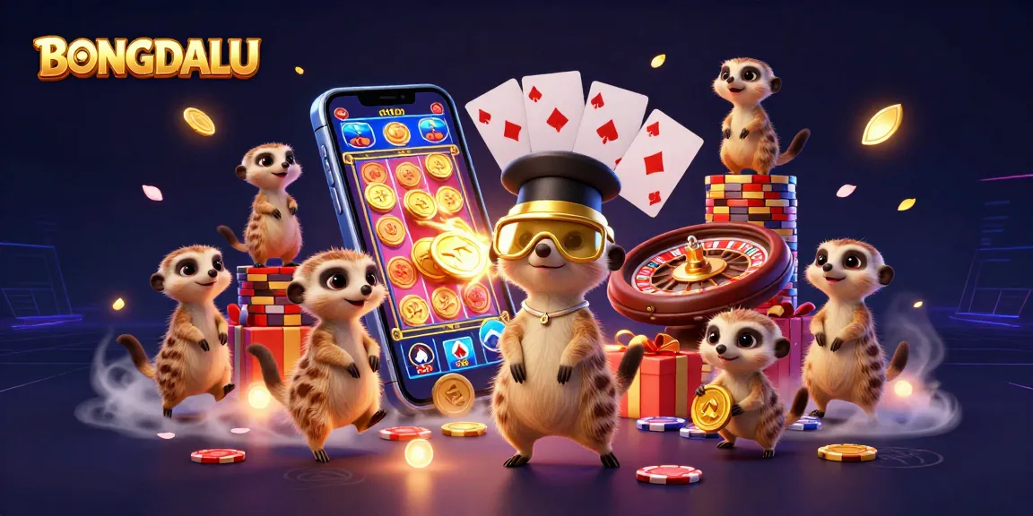 BONGDALU meerkats run a casino, showcasing action with vibrant gaming elements.