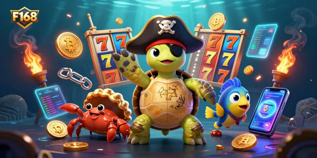 Engage with F168 in this vibrant casino-themed underwater scene featuring dynamic slot elements and crypto coins.
