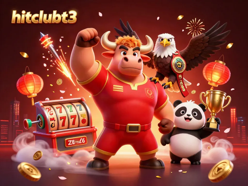 Hitclubt3 celebrates victory with a vibrant casino scene featuring a bull, eagle, and panda among slot reels and coins.