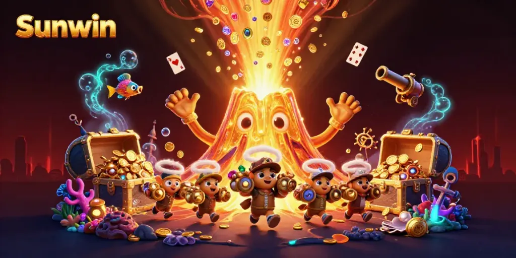 Engage in thrilling adventures with Sunwin's golden volcano erupting treasure in this vibrant illustration.