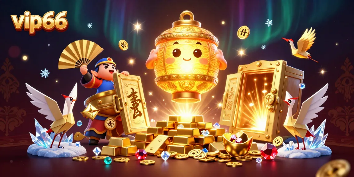 Experience thrilling gameplay at vip66 with a golden lantern spirit and treasure-filled casino elements.