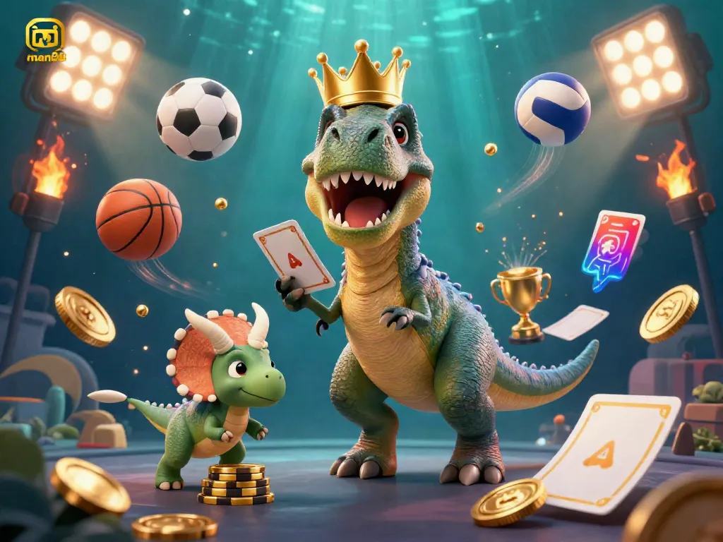 Experience man88's exciting 3D casino scene with T-Rex, pterodactyl, and triceratops engaging in gambling fun.
