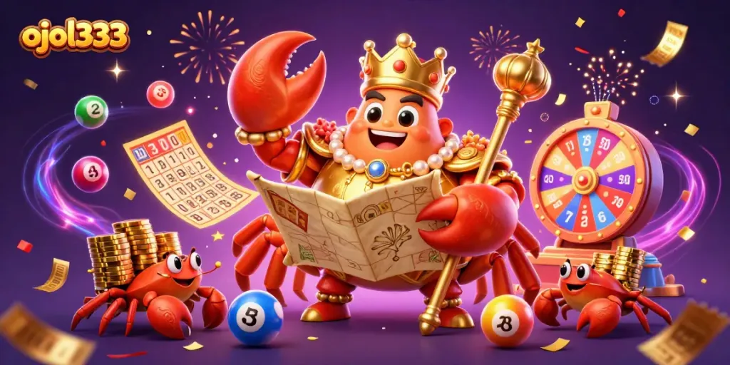 Engage in the excitement of ojol333 with vibrant lottery elements and a majestic crab emperor.