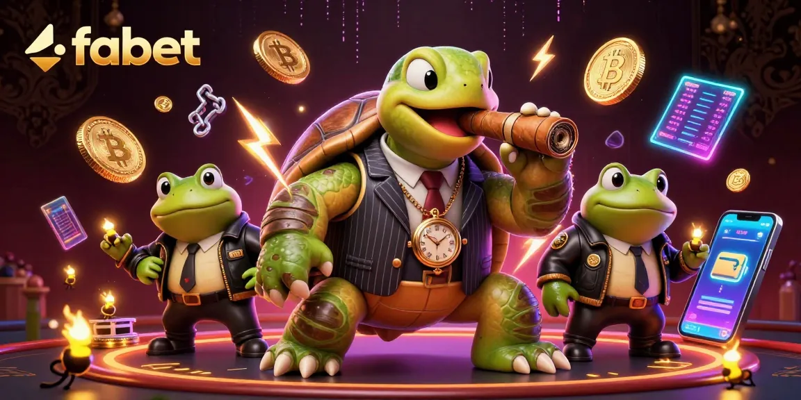Engage in exciting gaming at fabet with a vibrant scene of a turtle in a mobster suit and crypto elements.