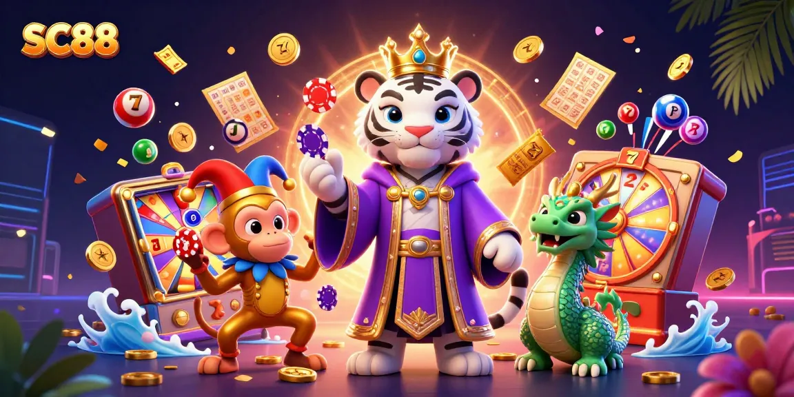 Experience thrilling gaming at SC88 with a lively 3D casino illustration featuring dynamic characters and elements.