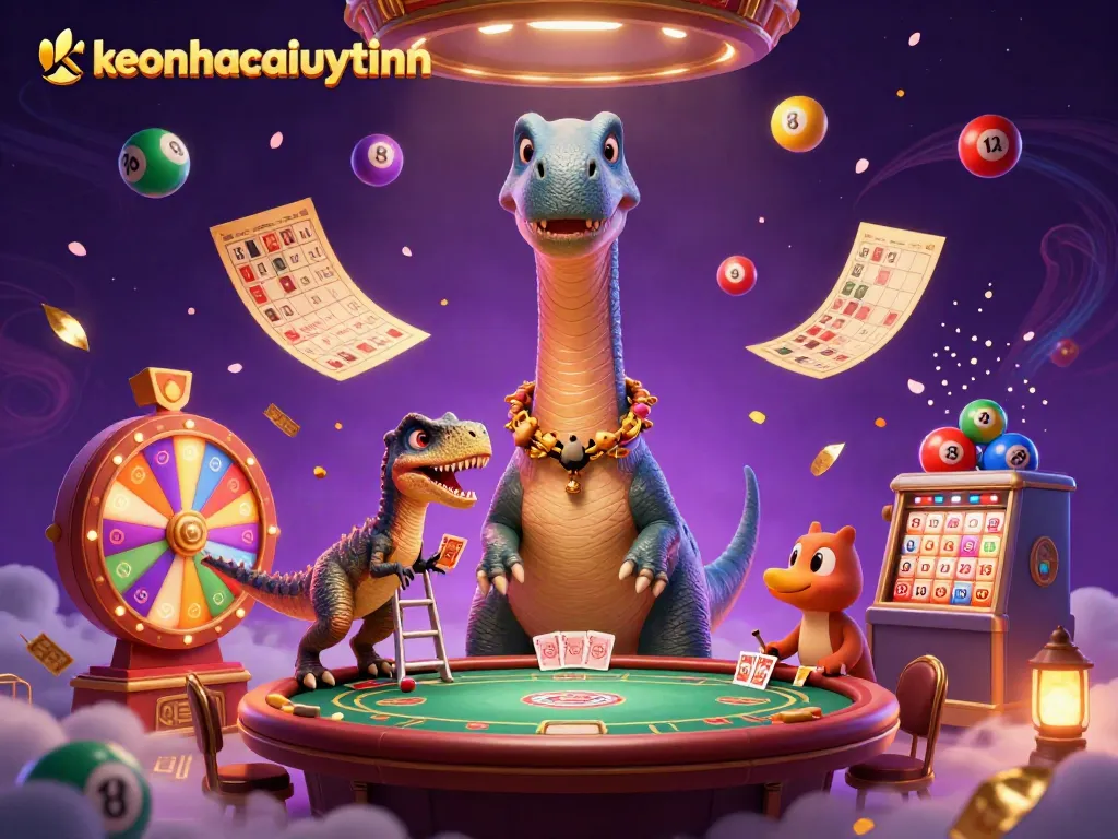 Engage with the vibrant world of gambling at keonhacaiuytinn, featuring an entertaining dinosaur-themed casino scene.