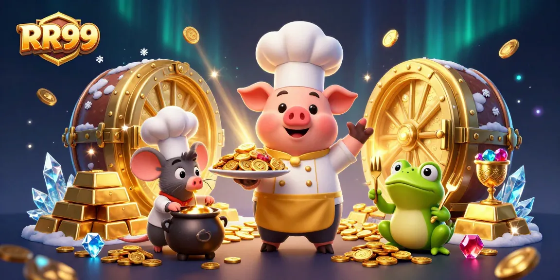 RR99 offers thrilling casino action with its vibrant characters amid sparkling gold treasures.