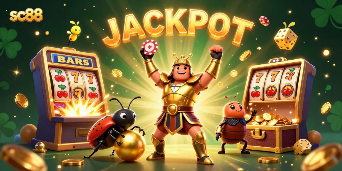 Win big with sc88 in this vibrant 3D casino illustration featuring beetles, jackpots, and gaming elements.