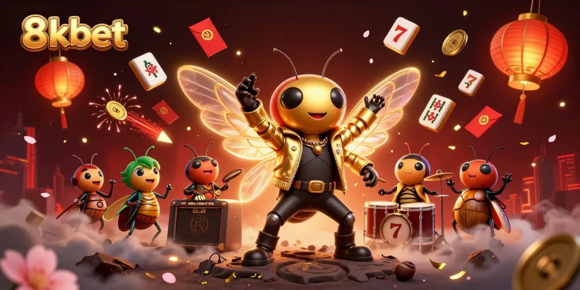 Experience the excitement of 8kbet with a vibrant 3D casino rock star scene celebrating slots and gaming