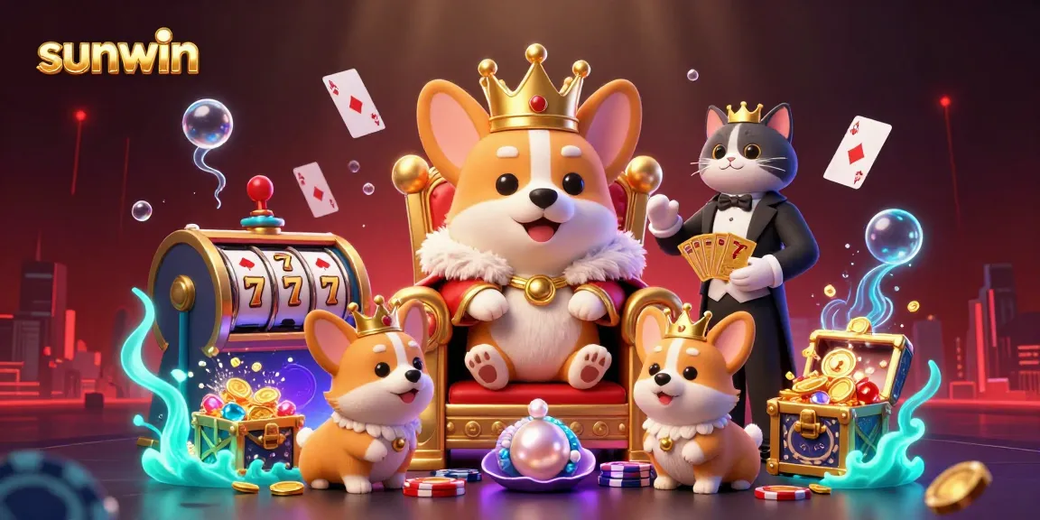 Experience fun and excitement at sunwin's lively casino with a royal corgi on a throne of poker chips.