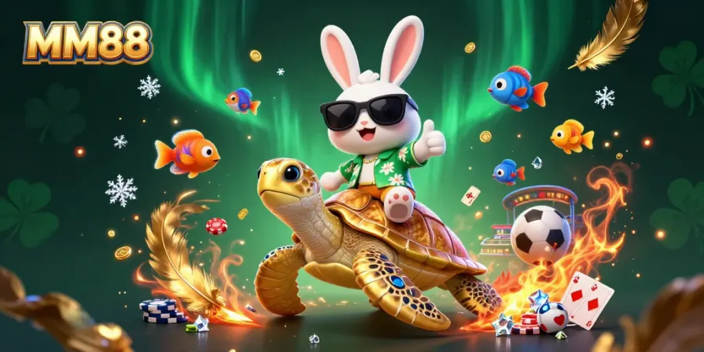 Experience the excitement of MM88 with a lucky rabbit and golden turtle amidst thrilling casino elements.