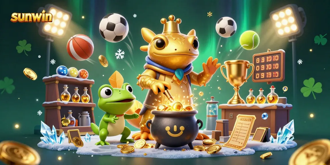 Win big at sunwin with a 3D illustration featuring a golden alchemist and sports elements.