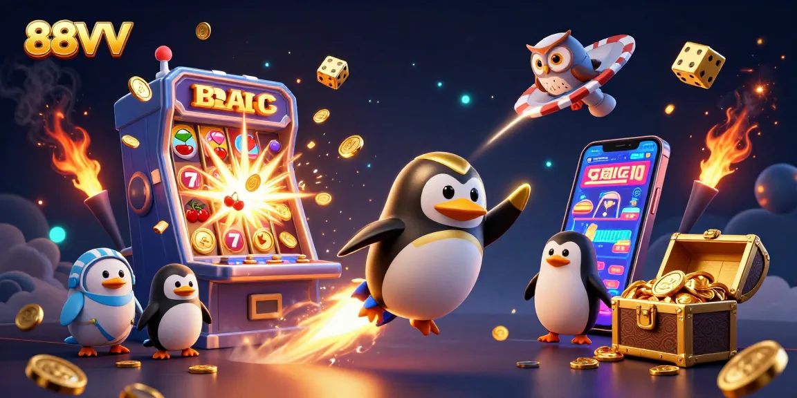 Experience thrilling casino fun at 88VV with a golden penguin blasting through space, surrounded by dynamic slots.