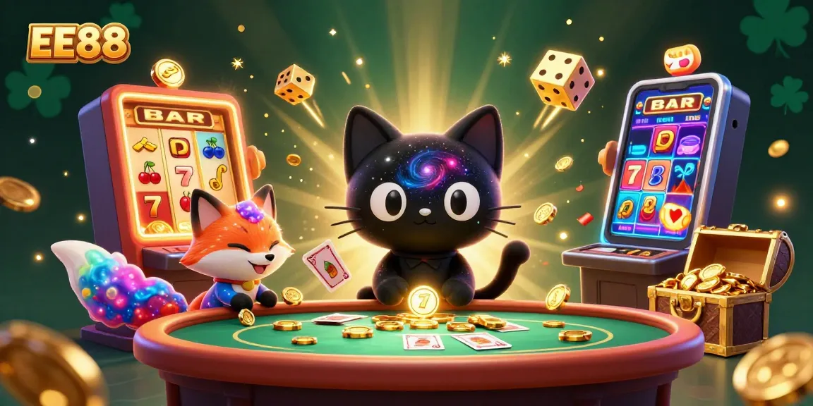 Experience EE88's vibrant cosmic casino with cartoon characters and dynamic gambling elements.