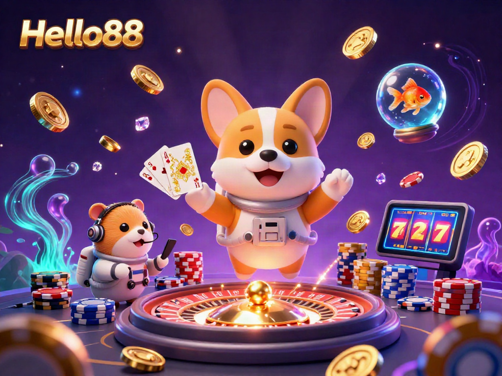 Hello88 engages players in a vibrant casino scene featuring an astronaut corgi and a mission-control hamster.