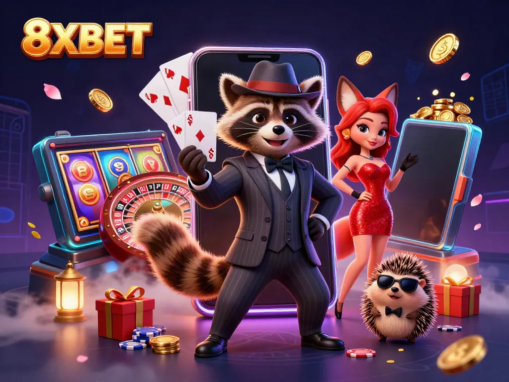 Experience the thrill of 8XBET with a charming raccoon, fox companion, and bouncer surrounded by casino elements.