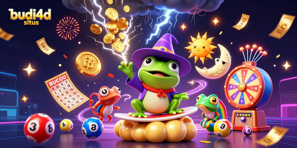 Join the excitement at budi4d situs as a wizard frog unleashes a gold coin storm amidst a vibrant casino atmosphere.