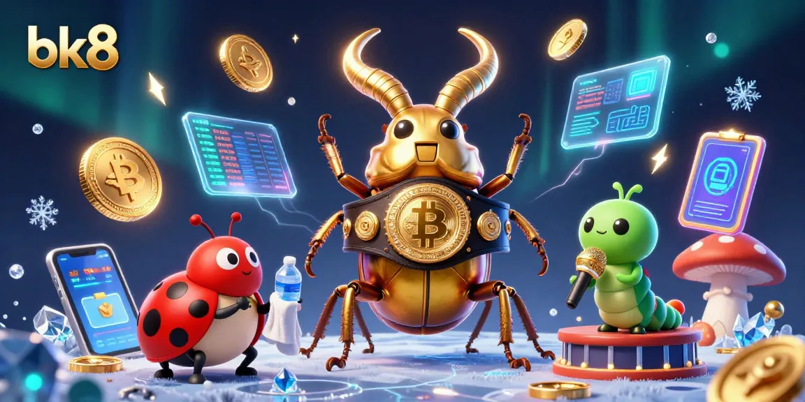 Engage with bk8's vibrant casino world, featuring a powerful stag beetle champion and crypto elements.