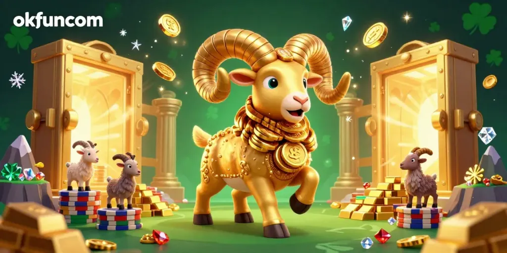 Experience the thrill of gaming at okfuncom, featuring a golden ram charging through an open vault of treasures.
