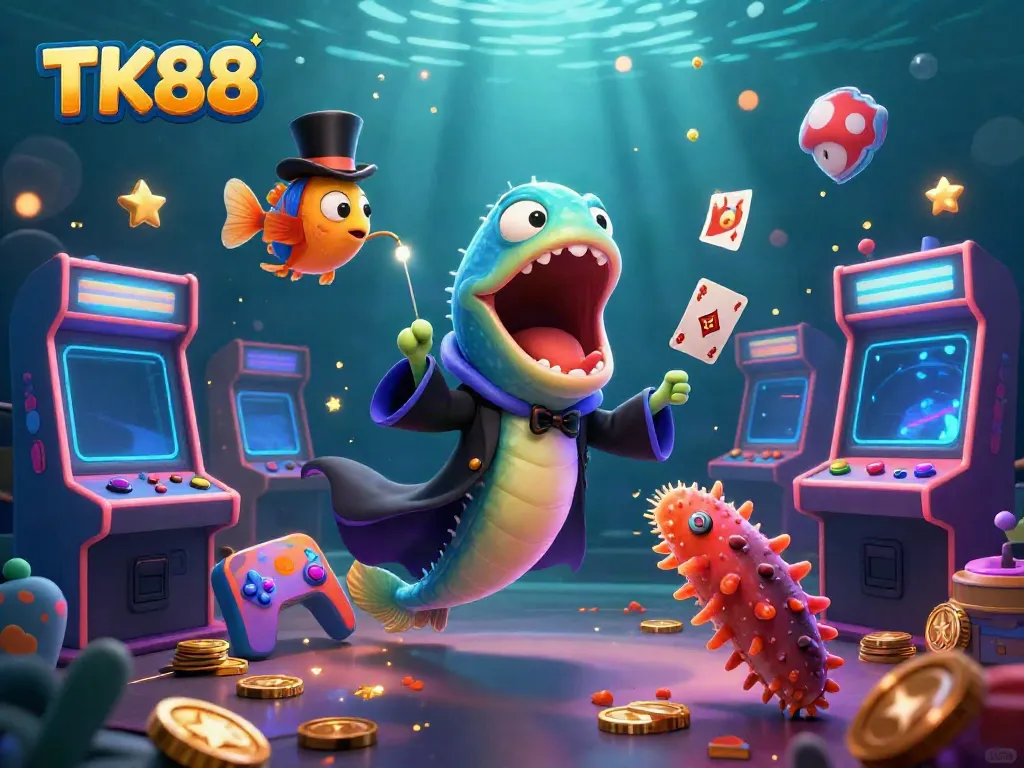 Embark on thrilling gaming adventures with TK88, where a magical scene unfolds with whimsical sea creatures and vibrant casino elements.
