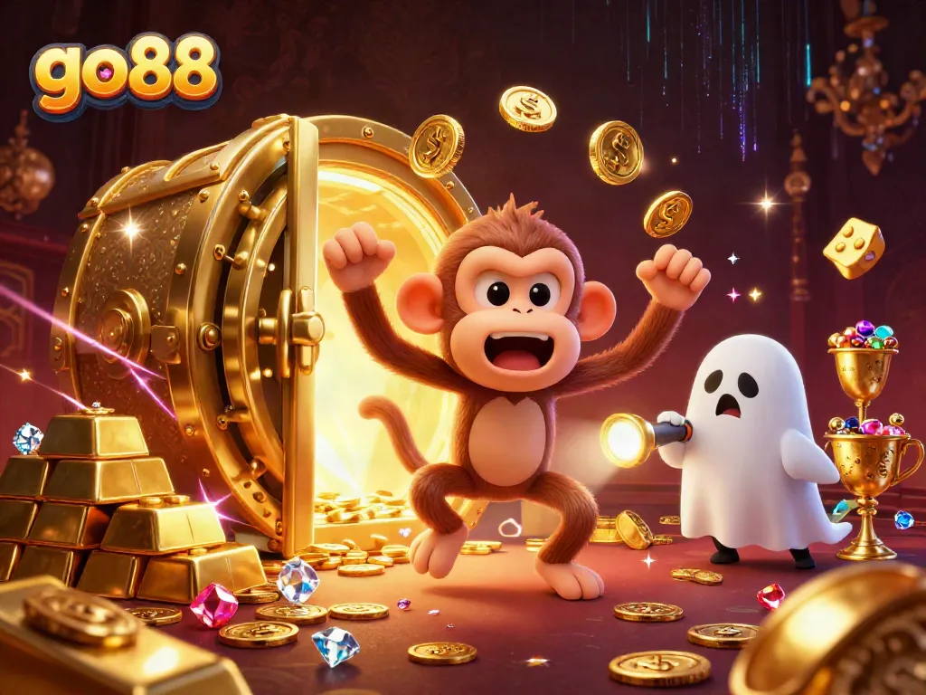 Experience the excitement of go88 with a playful poltergeist monkey juggling treasures in a vibrant casino setting.