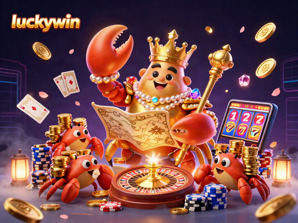 Experience the excitement of luckywin with a golden crab emperor in a vibrant casino scene.
