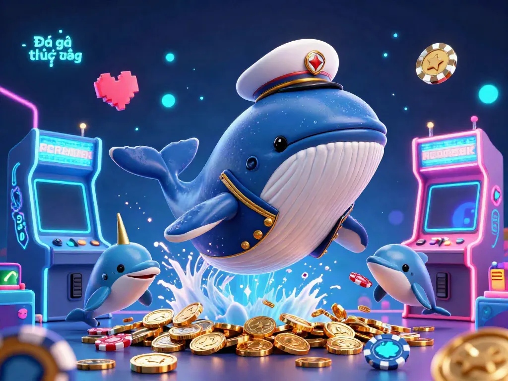 Experience the excitement of Đá gà trực tiếp with a lively 3D scene featuring cartoon whales and playful dolphins.