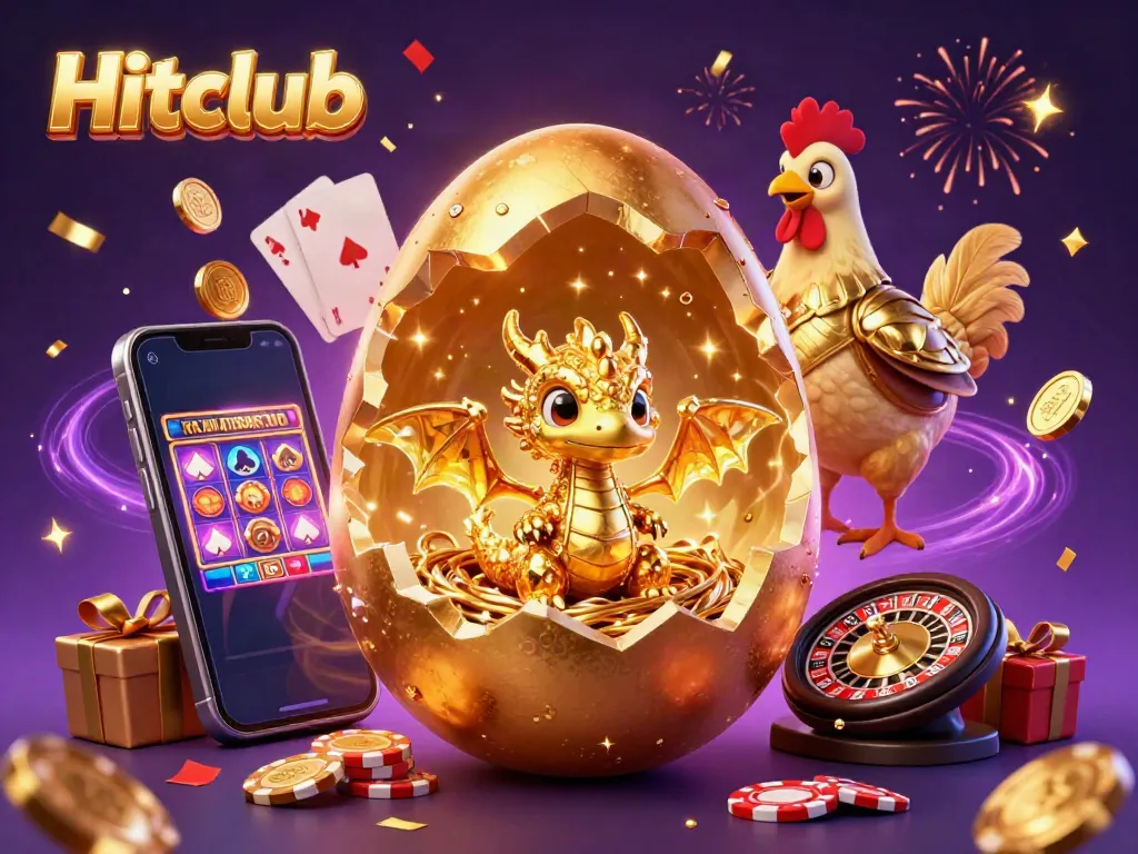 Hitclub showcases a dazzling golden dragon and poker chips amid festive gaming elements and vibrant colors.