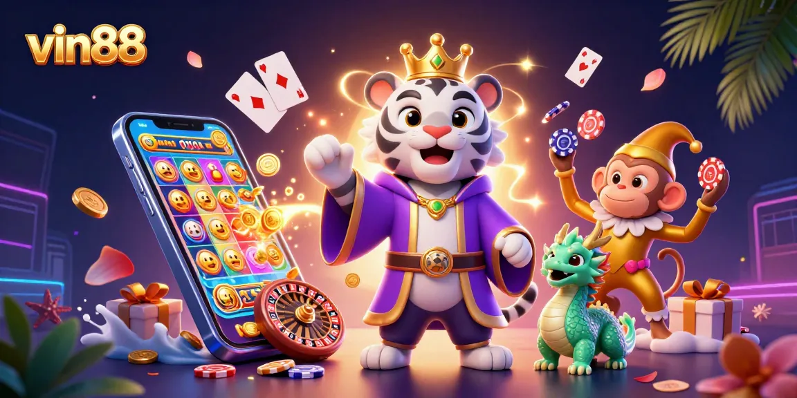 Experience the thrill of vin88 with engaging gaming elements and vibrant characters in a lively casino scene.