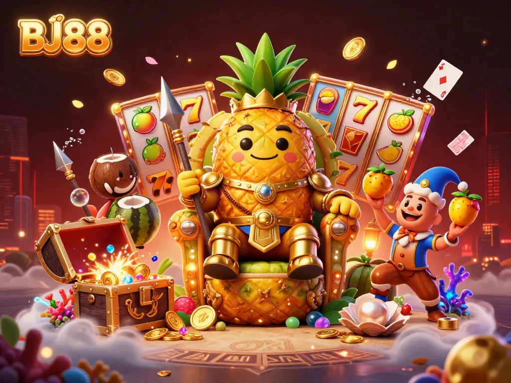 BJ88 casino illustration featuring a golden pineapple king with tropical armor, alongside slot machines and treasure elements, showcasing beach casino fun.