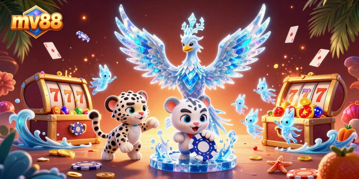 Experience thrilling games at mv88 with an ice phoenix and poker chip illustration packed with casino excitement.