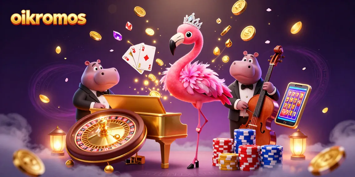 Engage with oikonomos at this vibrant illustration featuring a singer flamingo and a hippo bassist amidst casino elements.