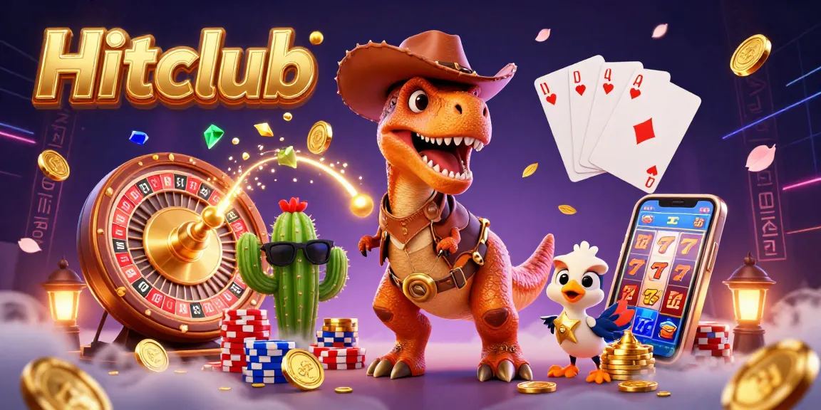 Hitclub offers exciting casino gameplay with a T-Rex, cactus, and roadrunner in a vibrant 3D casino scene.