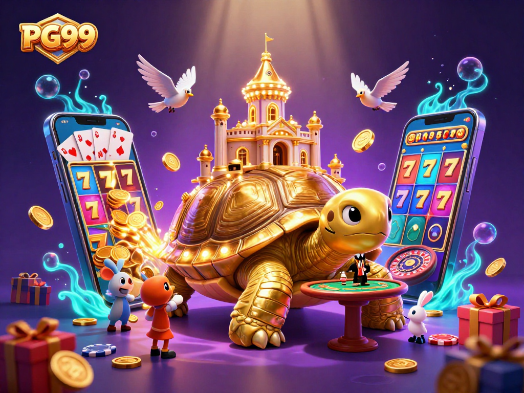 Experience PG99's vibrant gaming scene with a golden tortoise and a rabbit dealer.