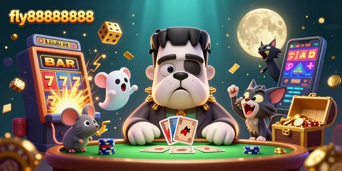 Experience thrilling gameplay with fly88888888 as the Frankenstein bulldog deals cards at a spooky casino table.