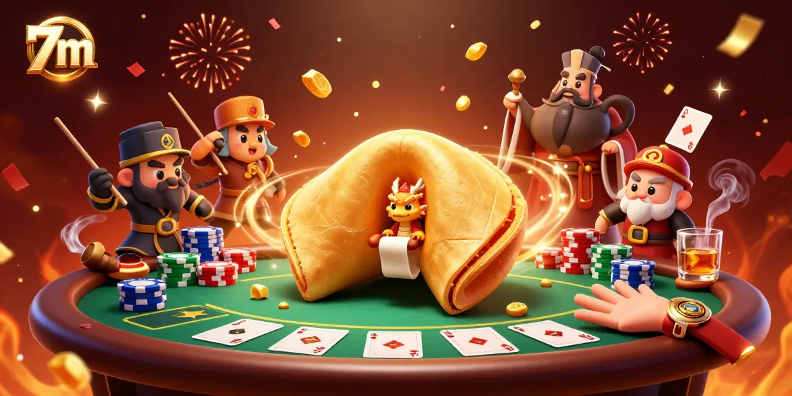Experience a dynamic poker scene featuring the 7m brand with vibrant characters and golden elements.