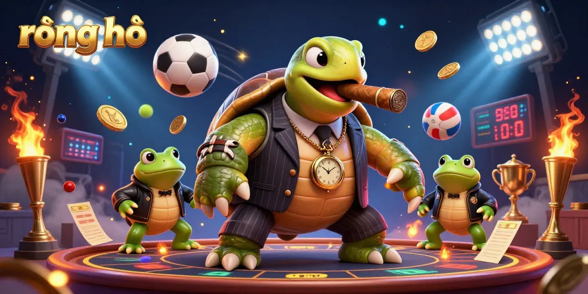 Players engage in rồng hổ with a snapping turtle and bullfrogs amid vibrant casino action.
