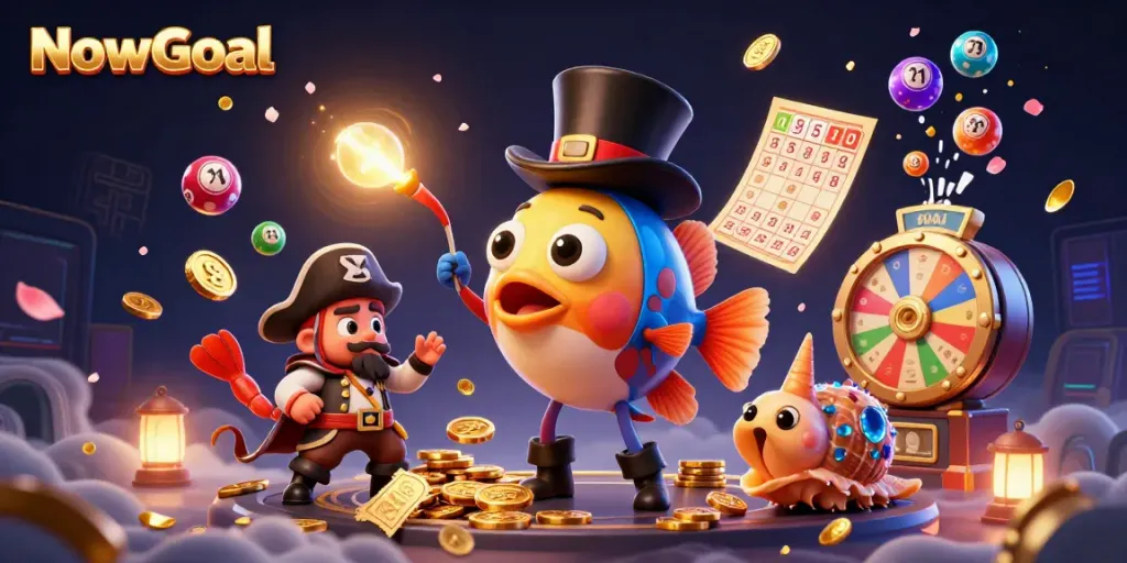 Experience thrilling gaming with NowGoal's vibrant 3D characters attracting coins in a dynamic casino scene.