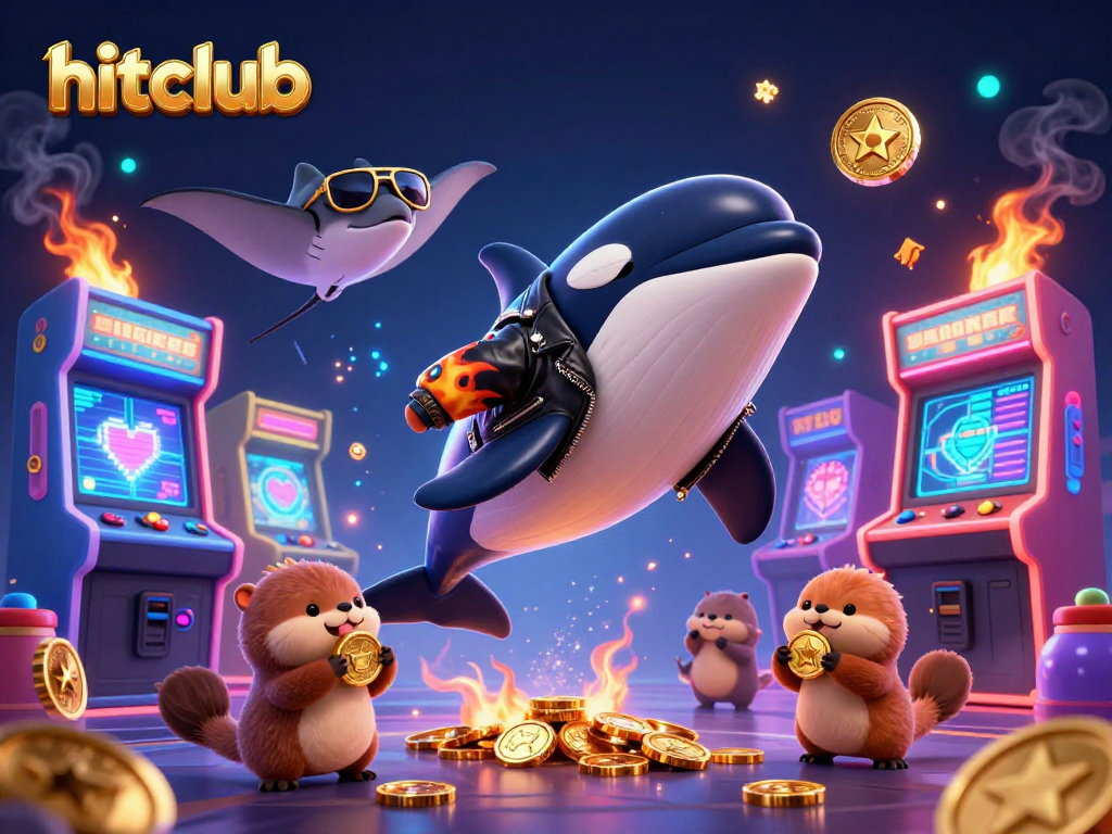Hitclub showcases a vibrant 3D scene with a jumping orca and sea otters holding coins, capturing casino excitement.