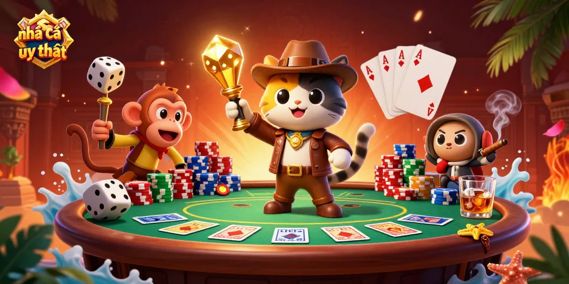 Engaging illustration showcasing nhà cái uy tín with an explorer cat discovering casino treasures in a unique temple.
