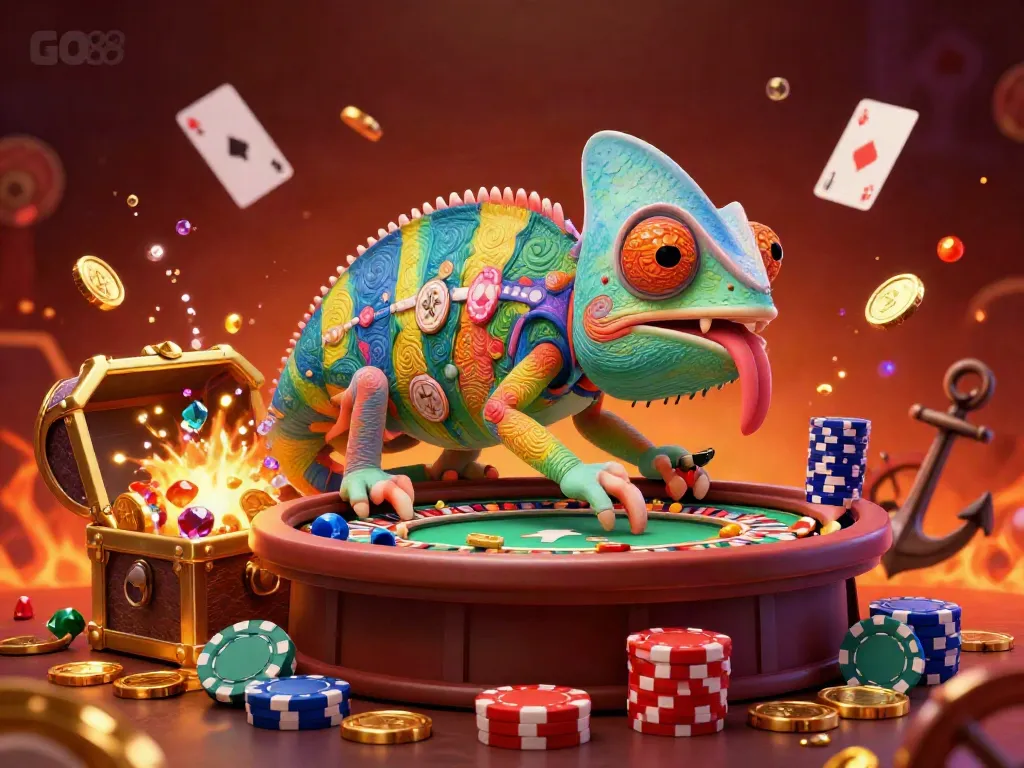 Experience exciting gameplay at GO88 with an energetic chameleon casino owner surrounded by gems and gold.