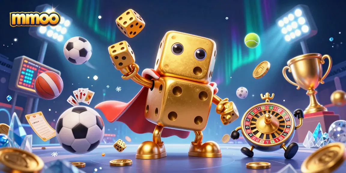 Experience the thrilling excitement of mmoo with this dynamic 3D casino scene featuring golden dice and sports elements.