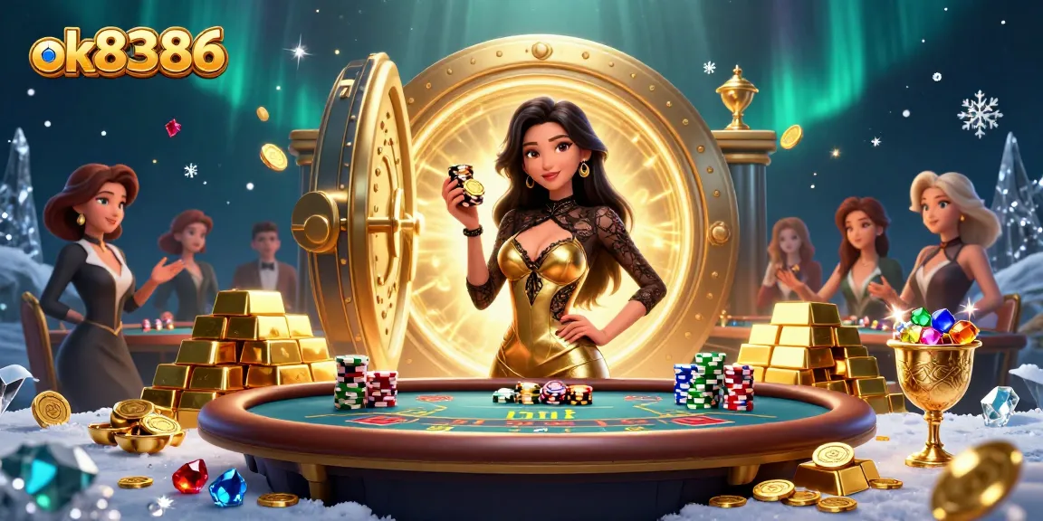 Experience high-stakes gaming with ok8386 at a luxurious baccarat table surrounded by treasures.